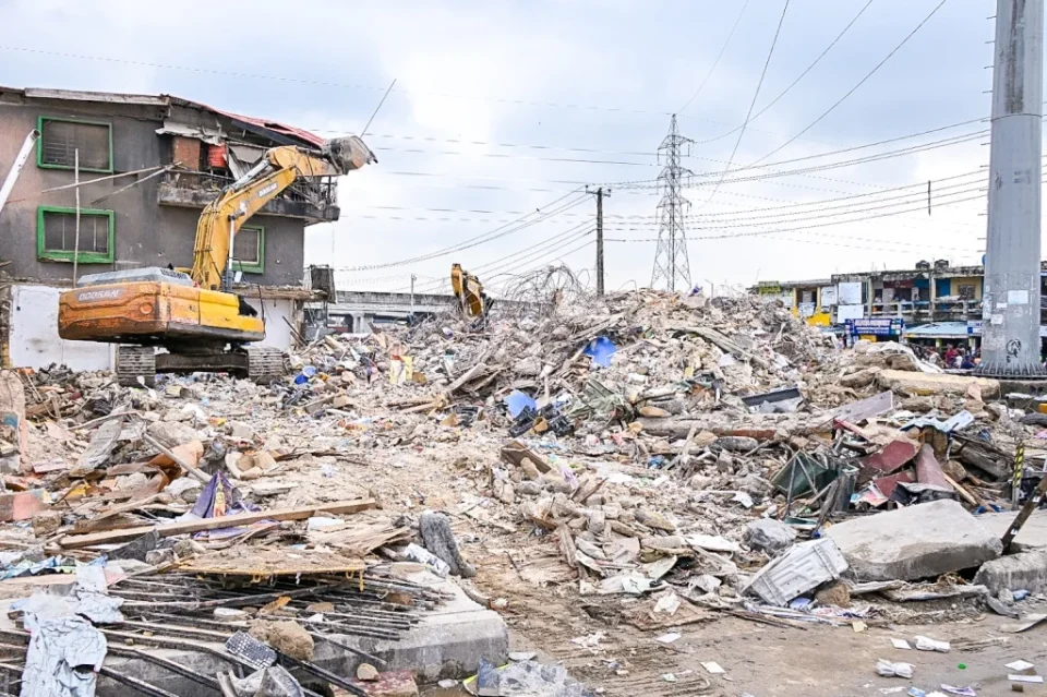 Remains of the Alakija building collapse, during a site visit by officials of the Lagos State Government, on Friday, 26 June 2026.