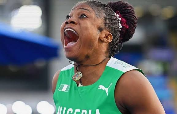 Goodness Nwachukwu celebrating her world-record discus throw and gold medal for Nigeria at Glasgow 2026