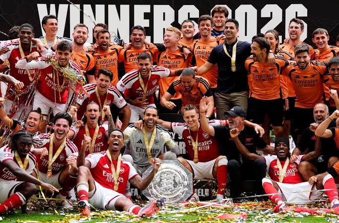 Arsenal players celebrate Community Shield victory over Manchester City