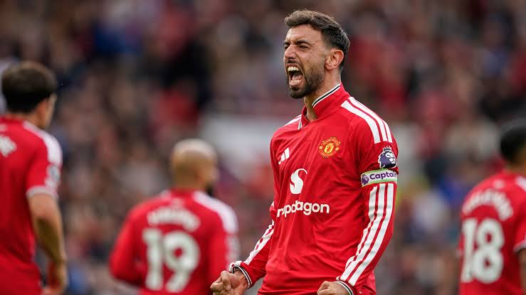 Bruno Fernandes celebrates his hat-trick for Manchester United against Ipswich Town