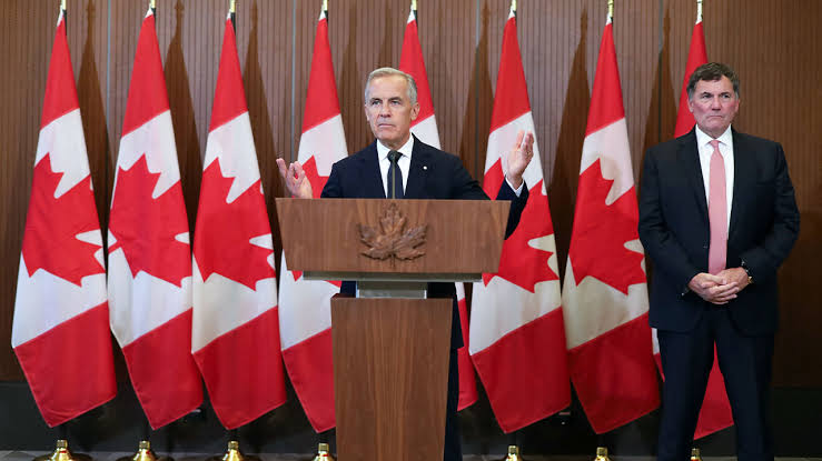Canadian Prime Minister Mark Carney as Canada announces retaliatory tariffs of up to 50% on US goods