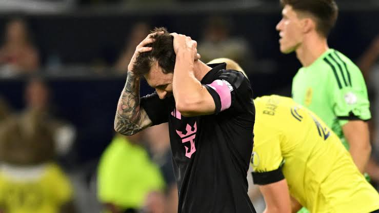 Lionel Messi reacts after missing a penalty against Nashville in MLS