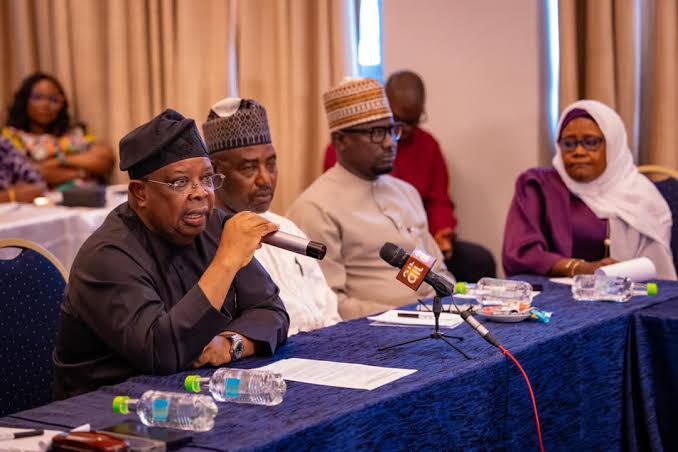 Power Minister Joseph Tegbe addressing journalists on electricity tariffs and Nigeria’s power sector reforms
