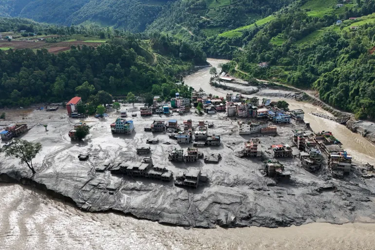 Flood damage in Nepal following the August 26 disaster triggered by a glacial mountain collapse