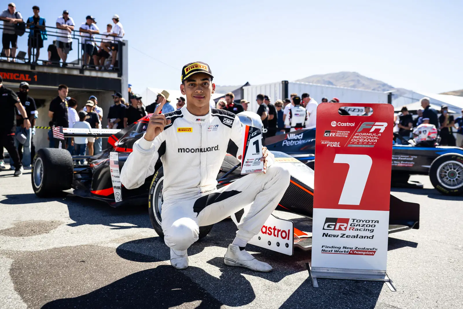 Nigerian-American racing driver Ugo Ugochukwu celebrating his 2026 FIA Formula 3 championship