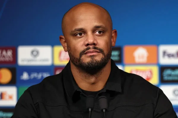 Bayern Munich manager Vincent Kompany addressing journalists during a press conference in Paris in November 2025.