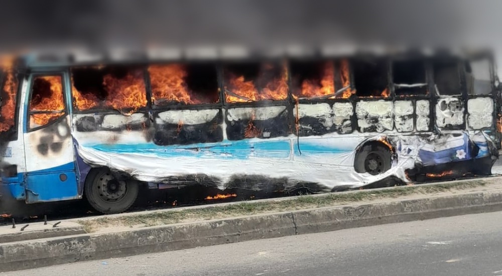 BRT bus engulfed in flames after an accident involving a motorcyclist at Ogolonto, Ikorodu, Lagos