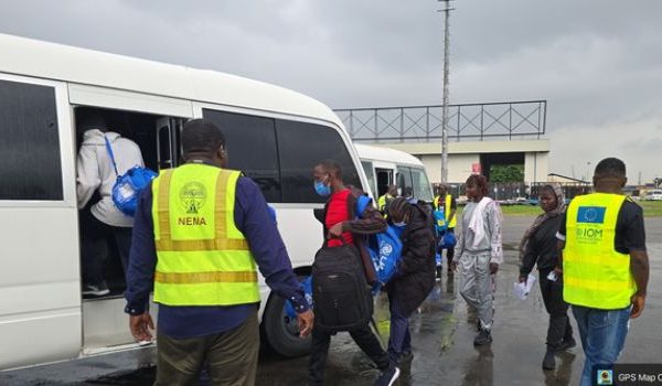 Nigerian returnees from Libya gathered at Murtala Muhammed International Airport in Lagos during their reception by NEMA officials.