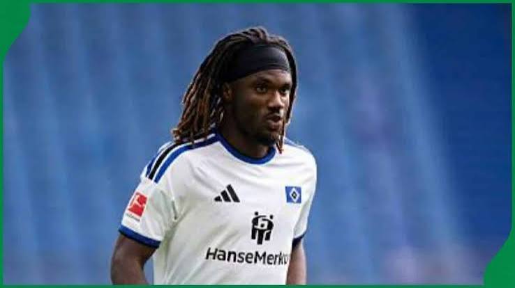 Terem Moffi celebrates his first Bundesliga goal for Hamburg