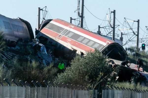 Aerial view of the wreckage following a collision between two high-speed trains near Urda in Toledo, Spain.